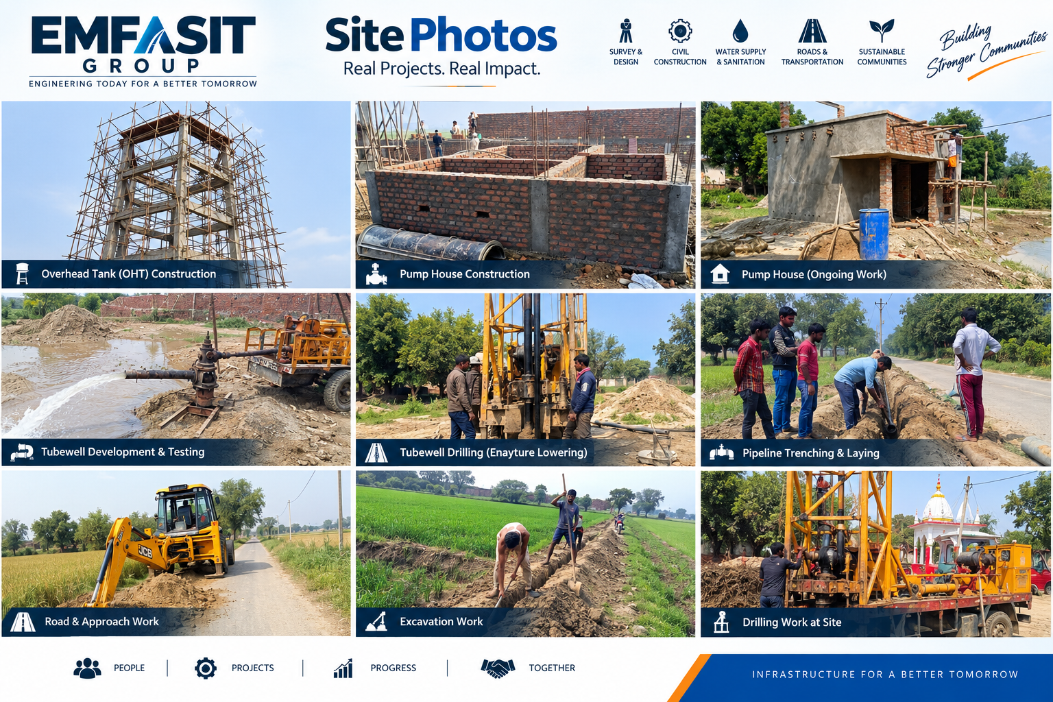 EMFASIT site photographs: overhead tank construction, pump house construction, tubewell development and testing, tubewell drilling, pipeline trenching and laying, road and approach work, excavation work